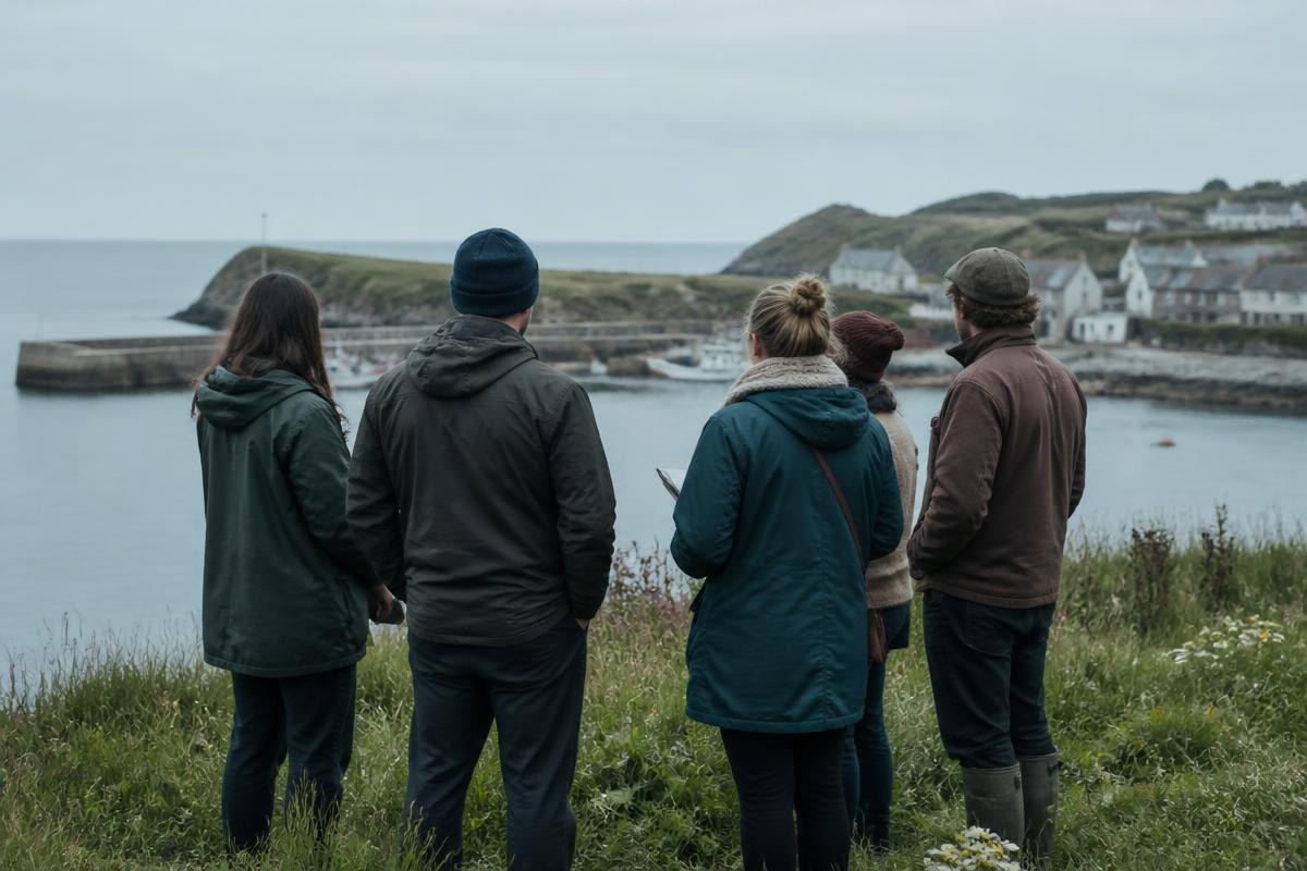 Researchers in conversation on a coastal headland during fieldwork.