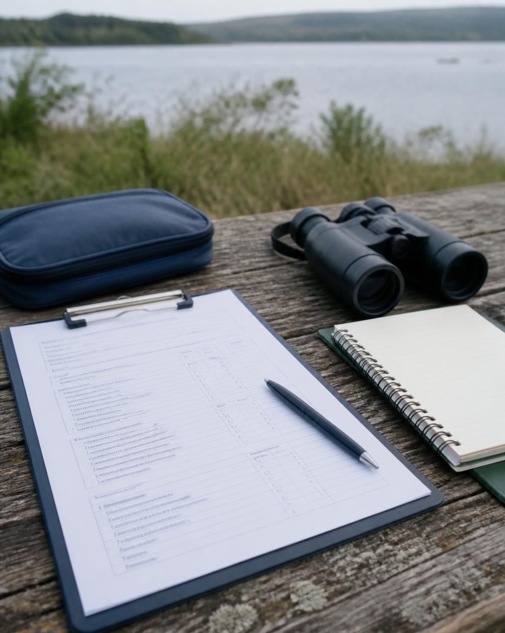 Survey questionnaire, notebook and binoculars on a weathered table beside the water.